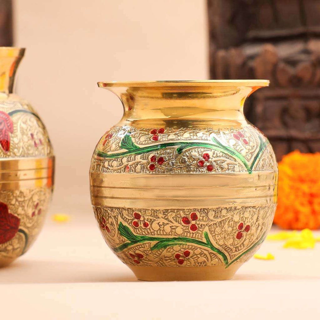 Brass Hand Painted Pooja Kalash with Floral Design Vedansh Craft