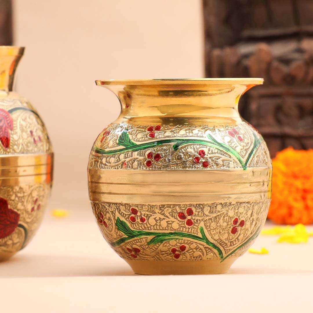 Brass Hand Painted Pooja Kalash with Floral Design Vedansh Craft