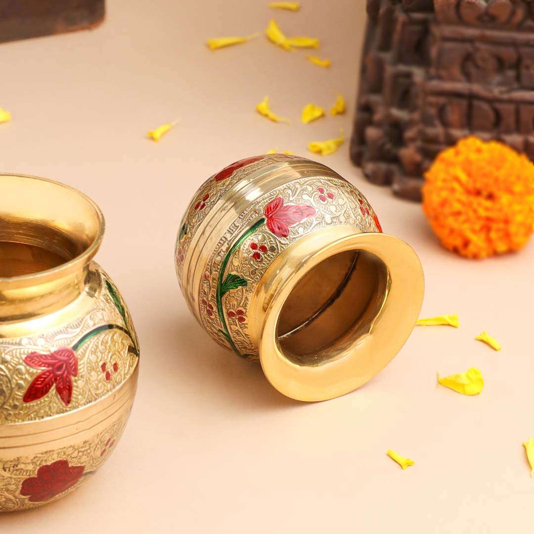 Brass Hand Painted Pooja Kalash with Floral Design Vedansh Craft