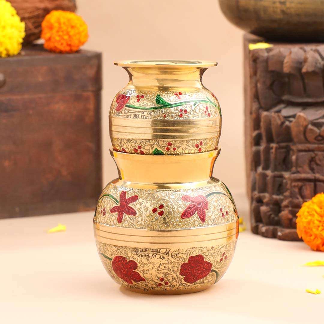 Brass Hand Painted Pooja Kalash with Floral Design Vedansh Craft