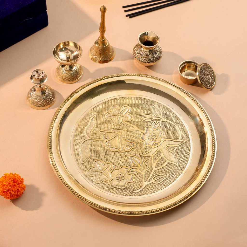 Brass Designer Pooja Thali Set With Velvet box Vedansh Craft