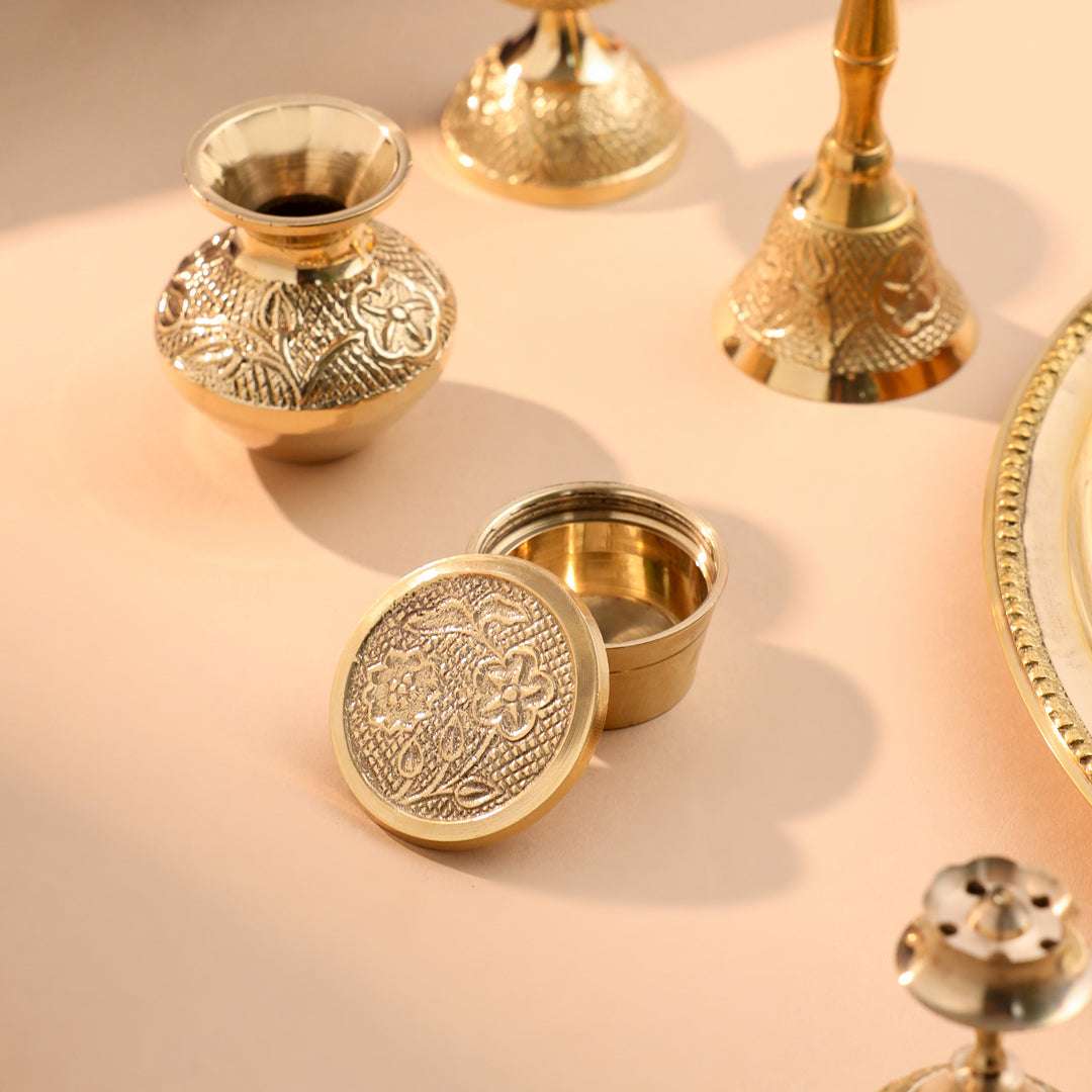 Brass Designer Pooja Thali Set With Velvet box Vedansh Craft