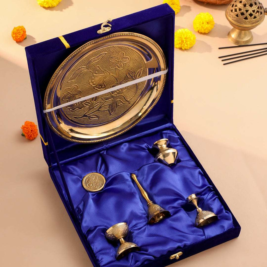 Brass Designer Pooja Thali Set With Velvet box Vedansh Craft