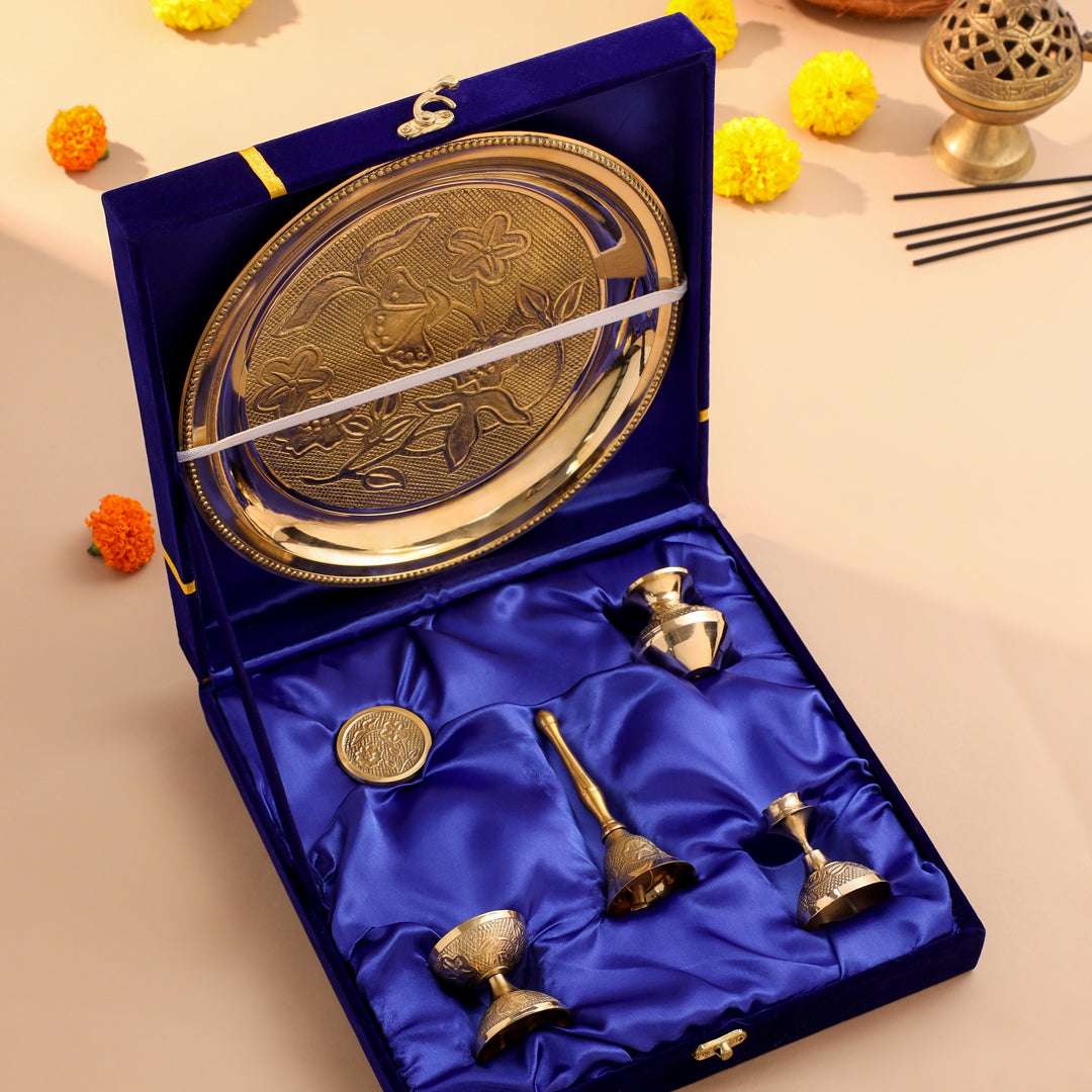 Brass Designer Pooja Thali Set With Velvet box Vedansh Craft