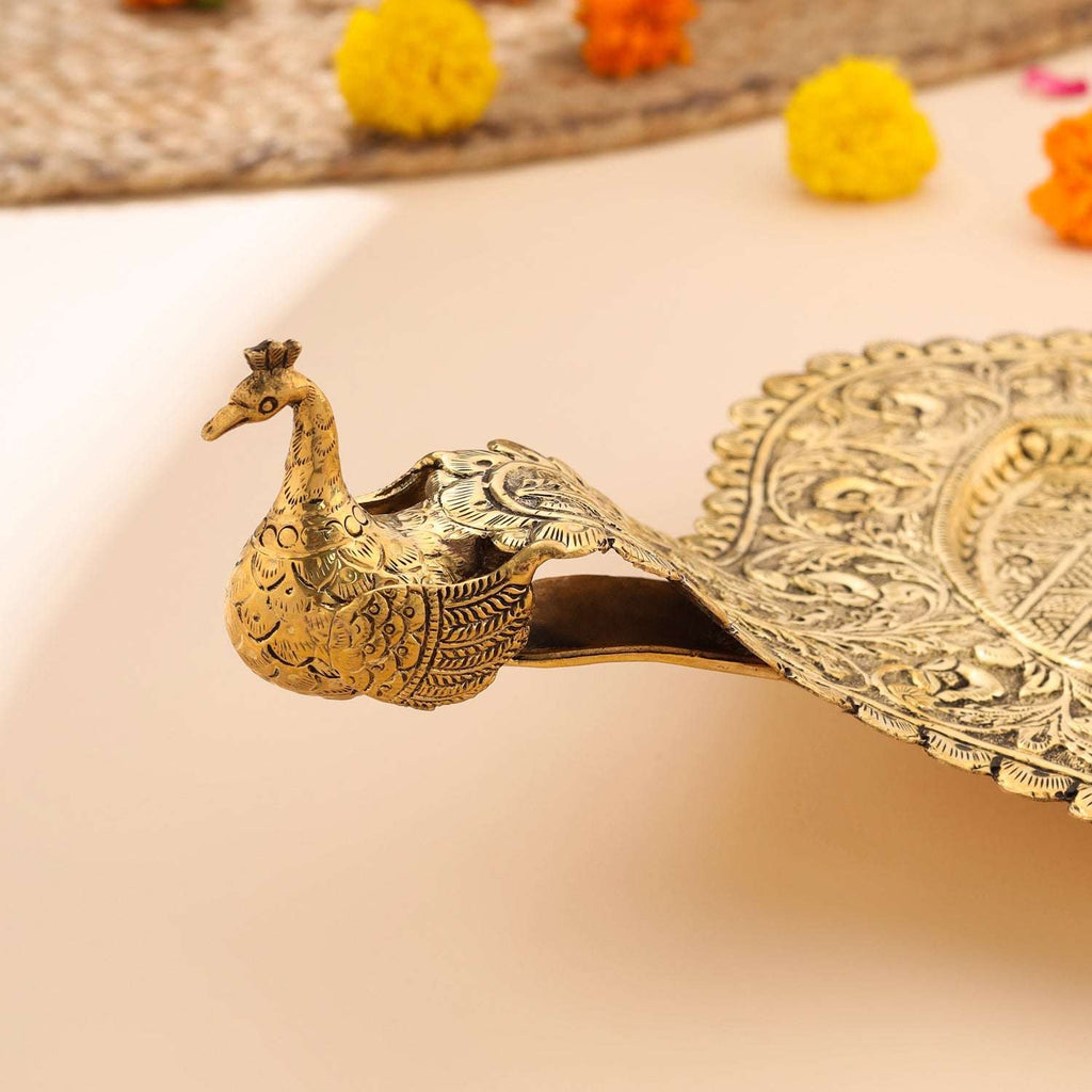 Brass Peacock Design Serving Tray / Platter (23 Inch) Vedansh Craft