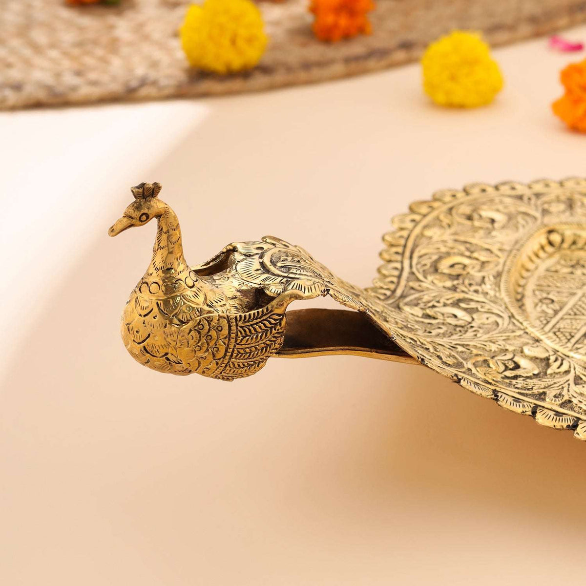 Brass Peacock Design Serving Tray / Platter (23 Inch) Vedansh Craft