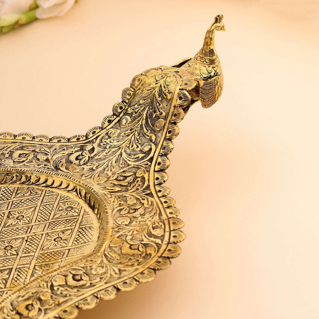 Brass Peacock Design Serving Tray / Platter (23 Inch) Vedansh Craft