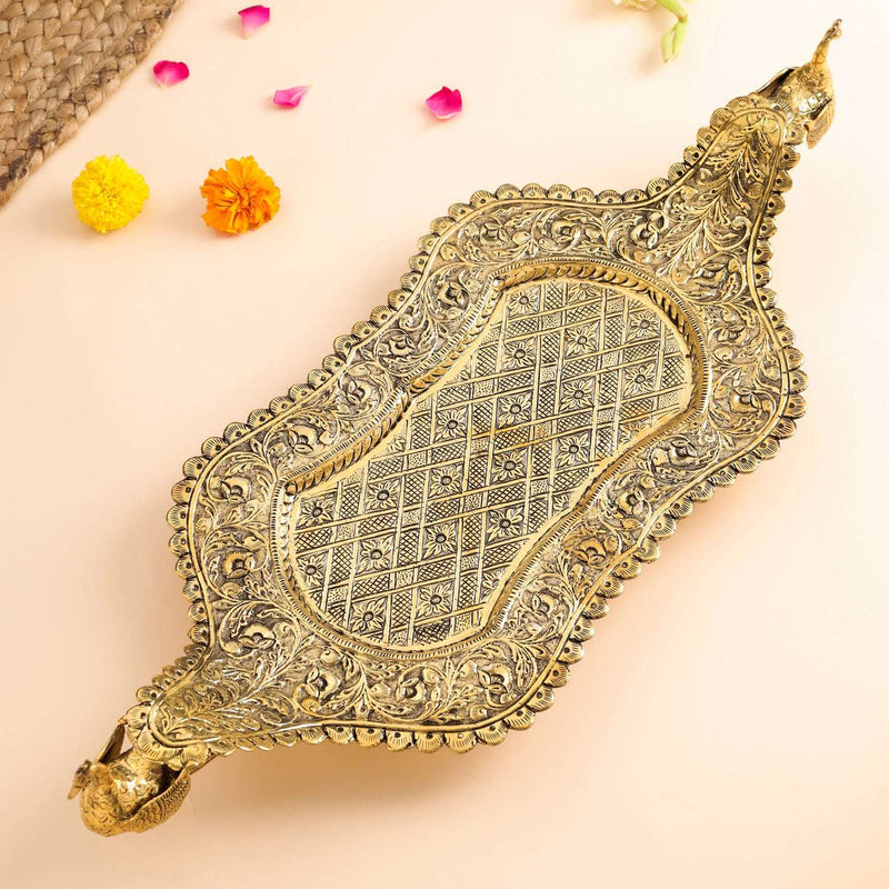 Brass Peacock Design Serving Tray / Platter (23 Inch) Vedansh Craft