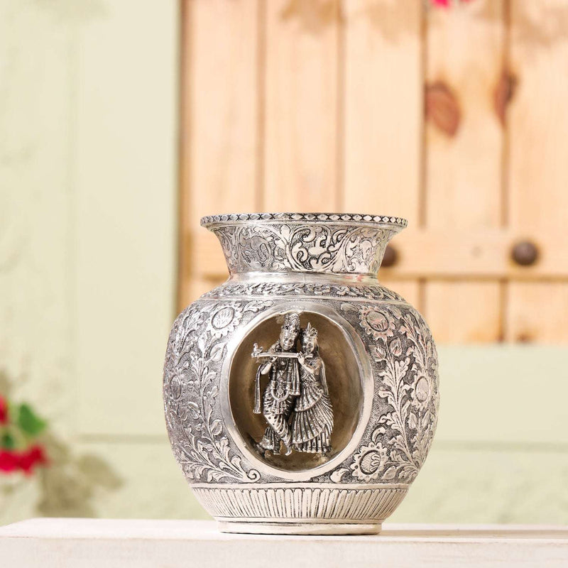 Brass Silver Plated Radha Krishna Kodam / Kalash (8 Inch) Vedansh Craft