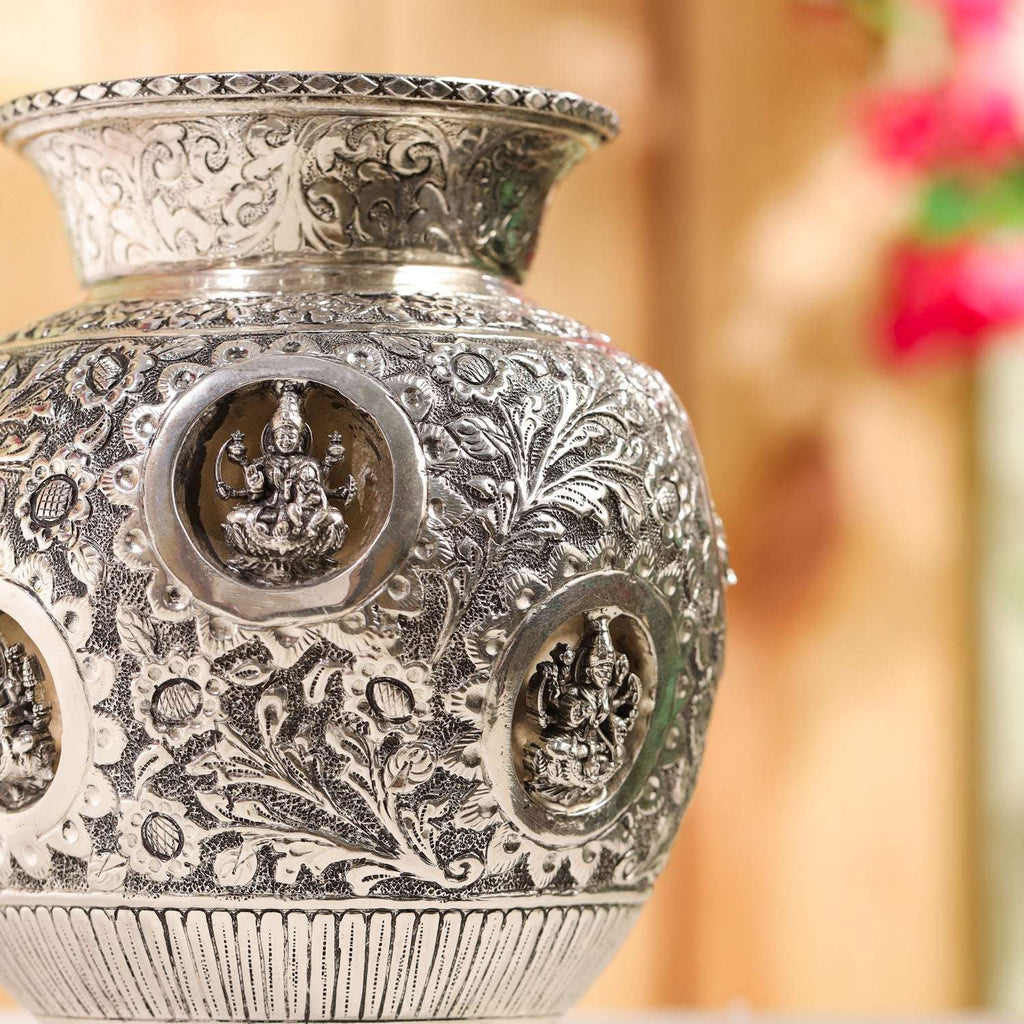 Brass Silver Plated Ashtalakshmi Kodam / Kalash (8 Inch) Vedansh Craft