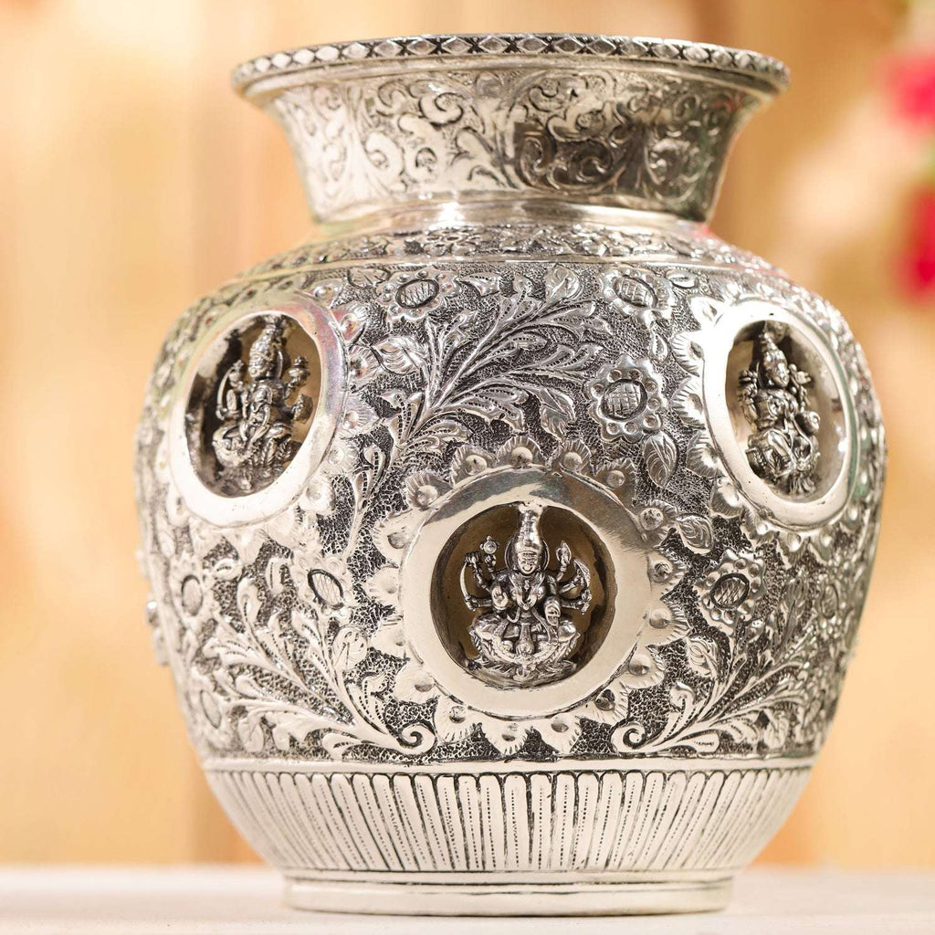 Brass Silver Plated Ashtalakshmi Kodam / Kalash (8 Inch) Vedansh Craft