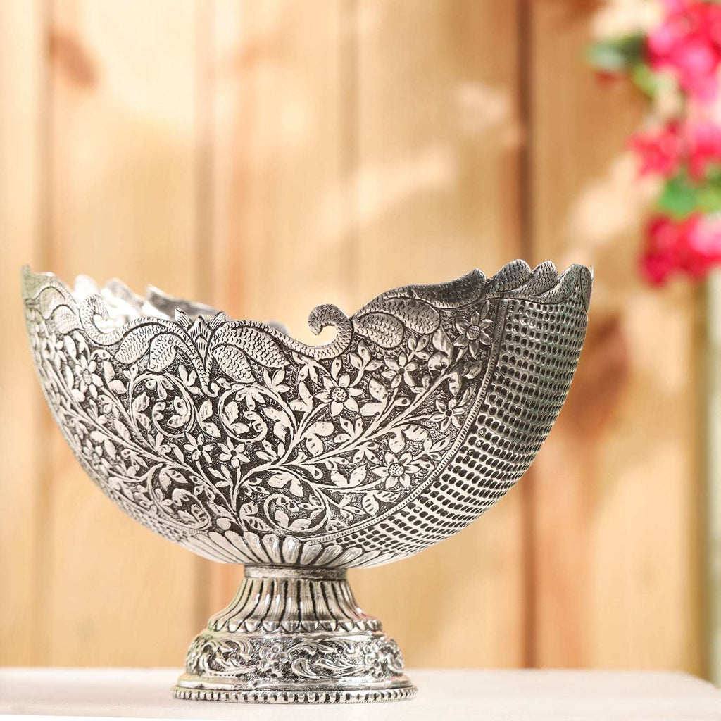 Brass Silver Plated Decorative Basket with Floral Design (7.5 Inch) Vedansh Craft