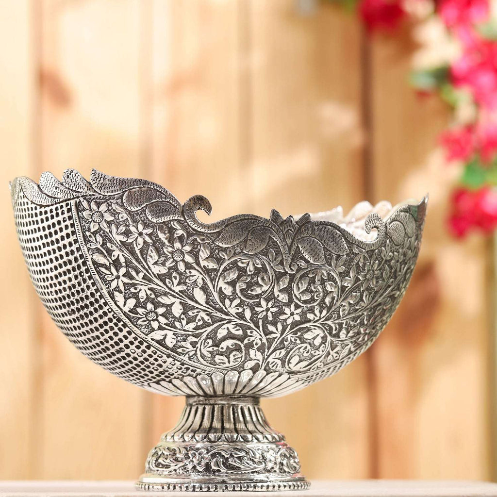 Brass Silver Plated Decorative Basket with Floral Design (7.5 Inch) Vedansh Craft
