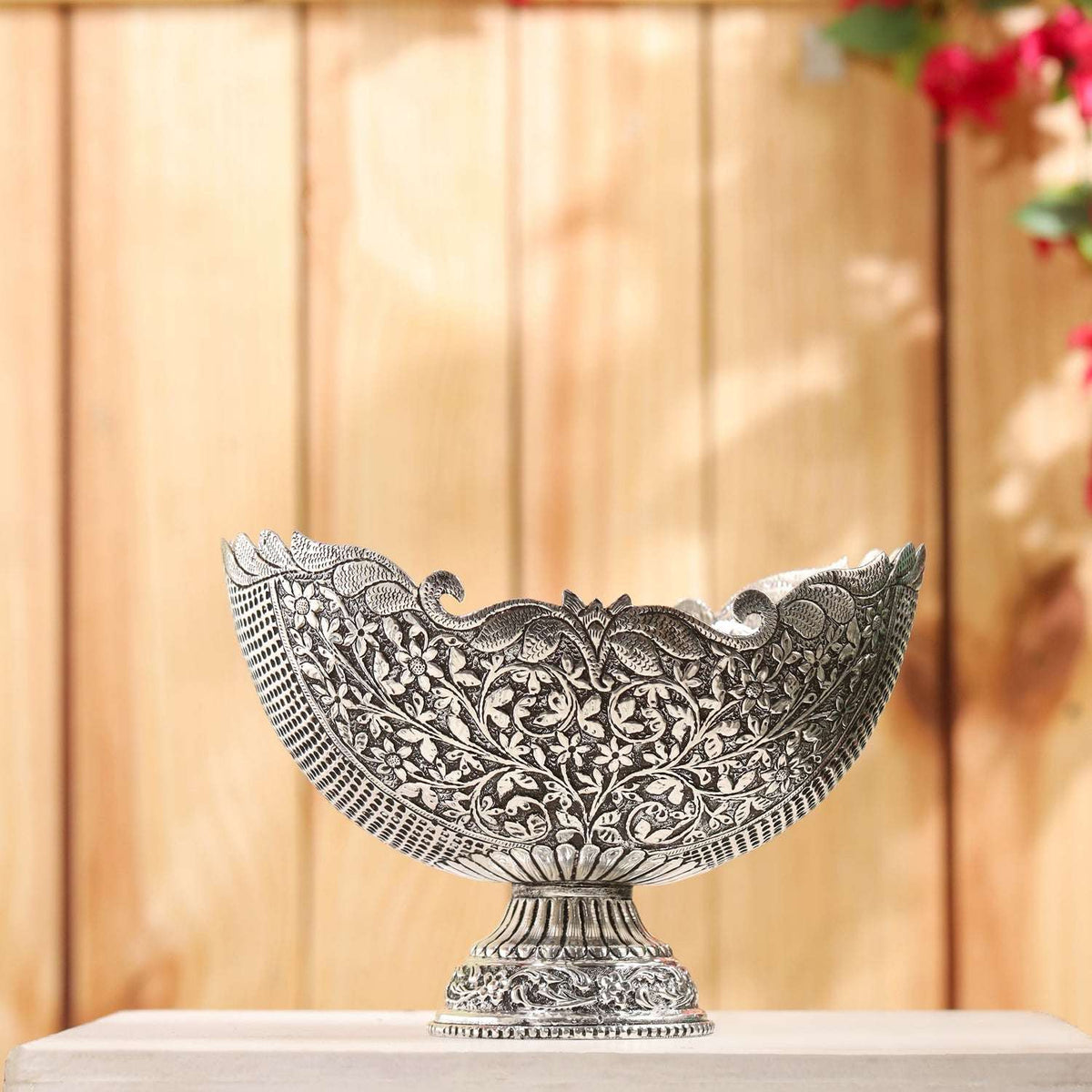 Brass Silver Plated Decorative Basket with Floral Design (7.5 Inch) Vedansh Craft