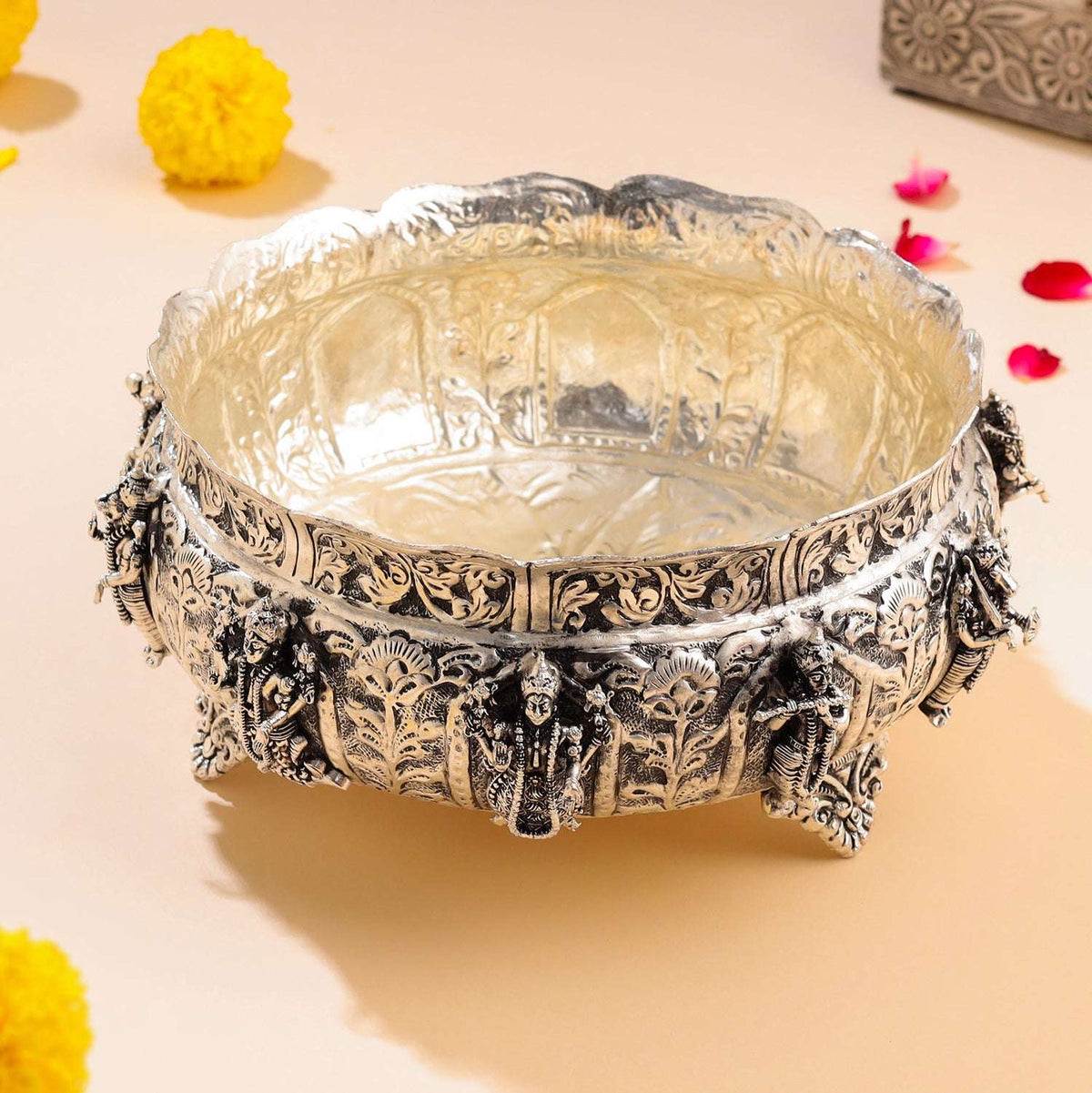 Brass Silver Plated Dashavatara Urli Bowl With Floral Design (4 Inch) Vedansh Craft