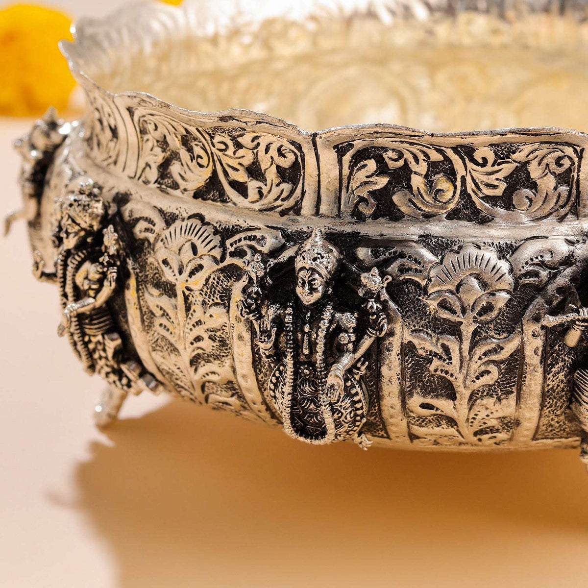 Brass Silver Plated Dashavatara Urli Bowl With Floral Design (4 Inch) Vedansh Craft