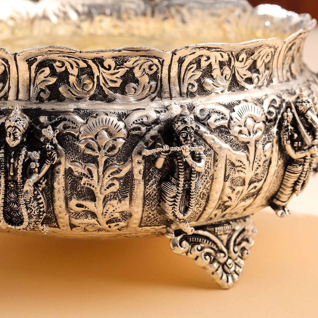 Brass Silver Plated Dashavatara Urli Bowl With Floral Design (4 Inch) Vedansh Craft