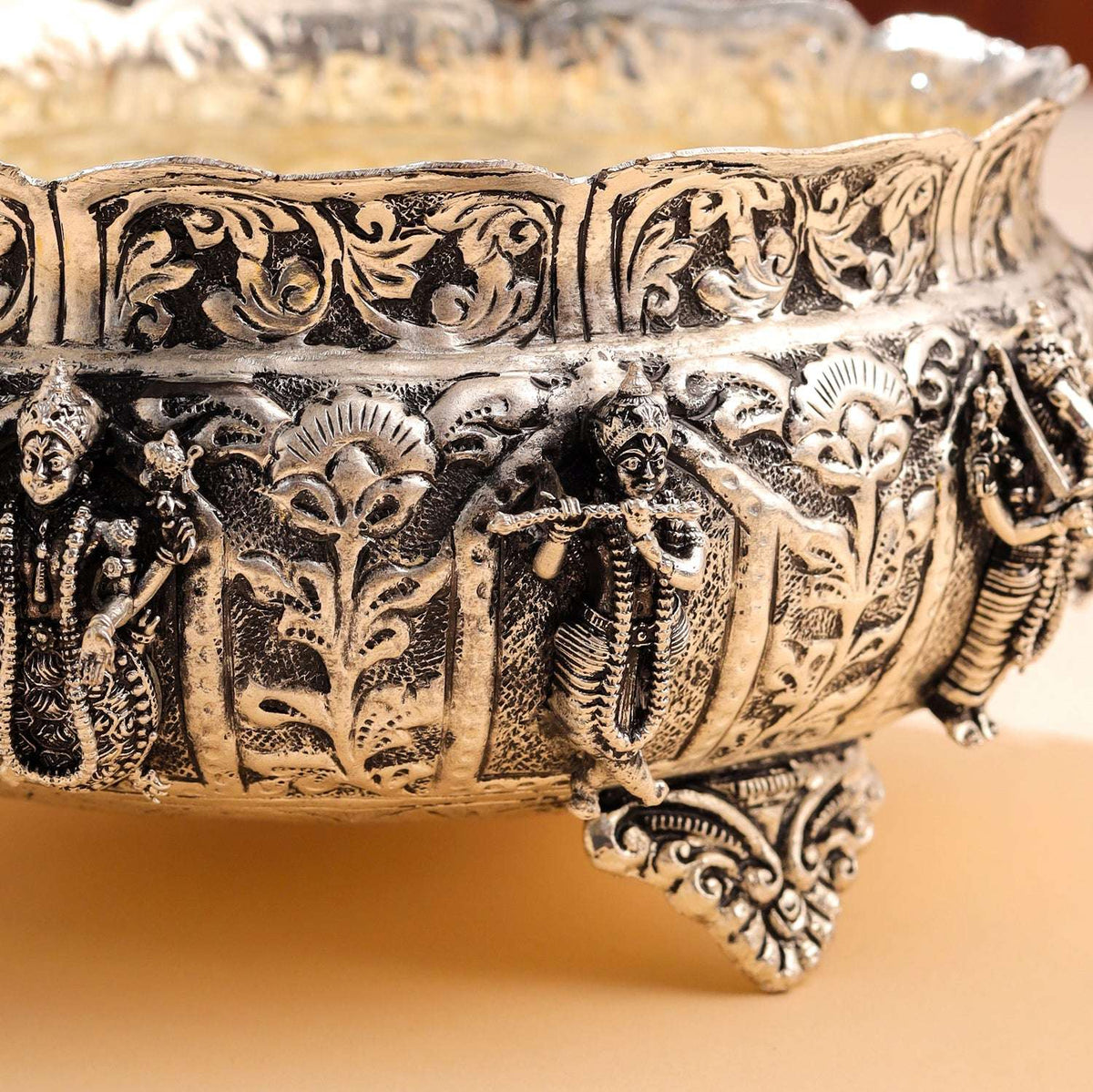 Brass Silver Plated Dashavatara Urli Bowl With Floral Design (4 Inch) Vedansh Craft
