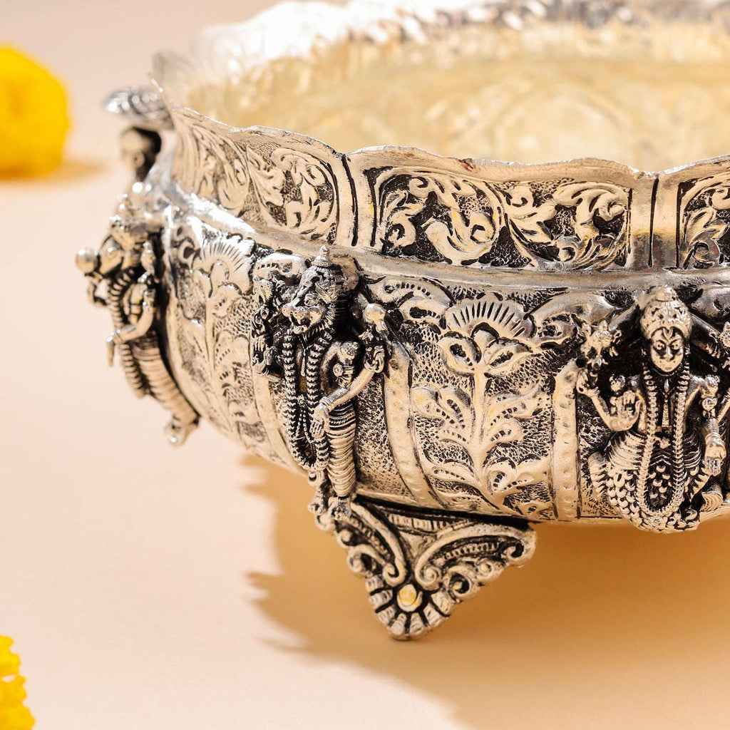 Brass Silver Plated Dashavatara Urli Bowl With Floral Design (4 Inch) Vedansh Craft