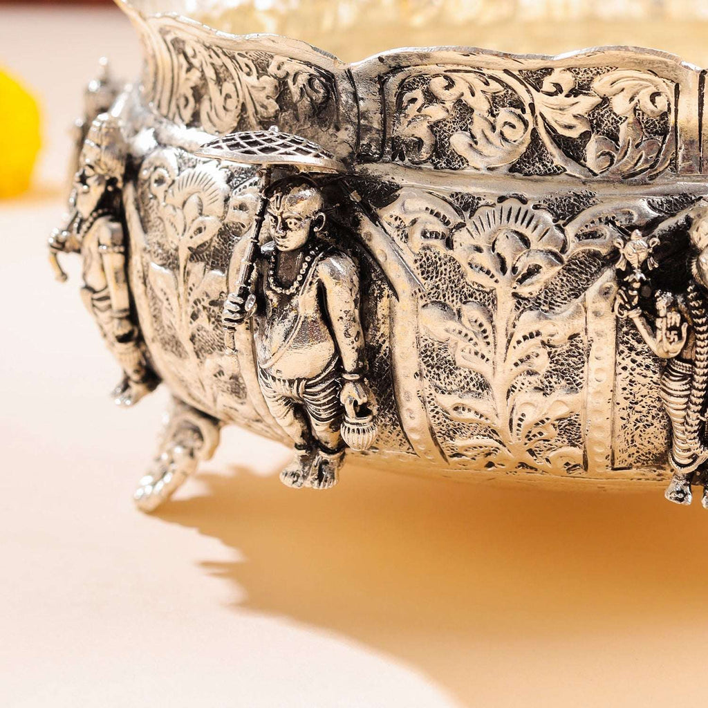 Brass Silver Plated Dashavatara Urli Bowl With Floral Design (4 Inch) Vedansh Craft