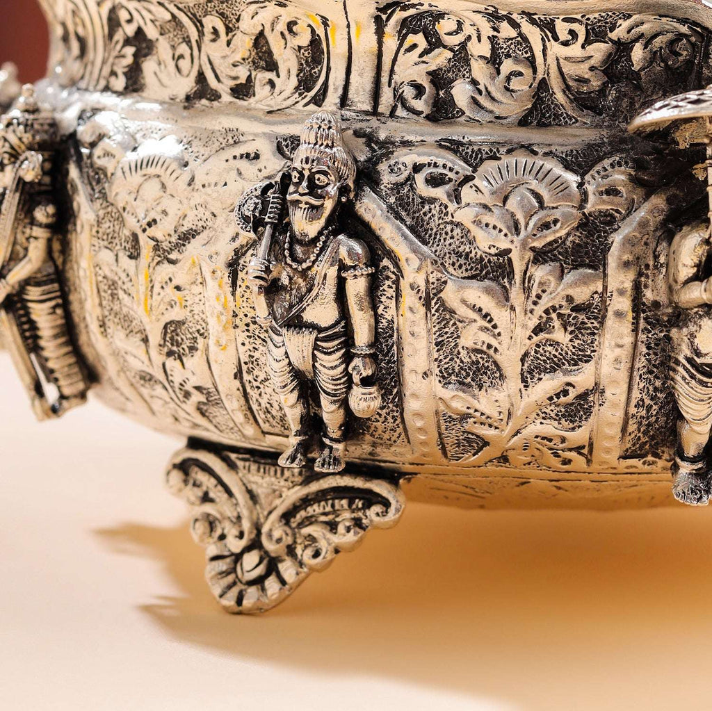 Brass Silver Plated Dashavatara Urli Bowl With Floral Design (4 Inch) Vedansh Craft