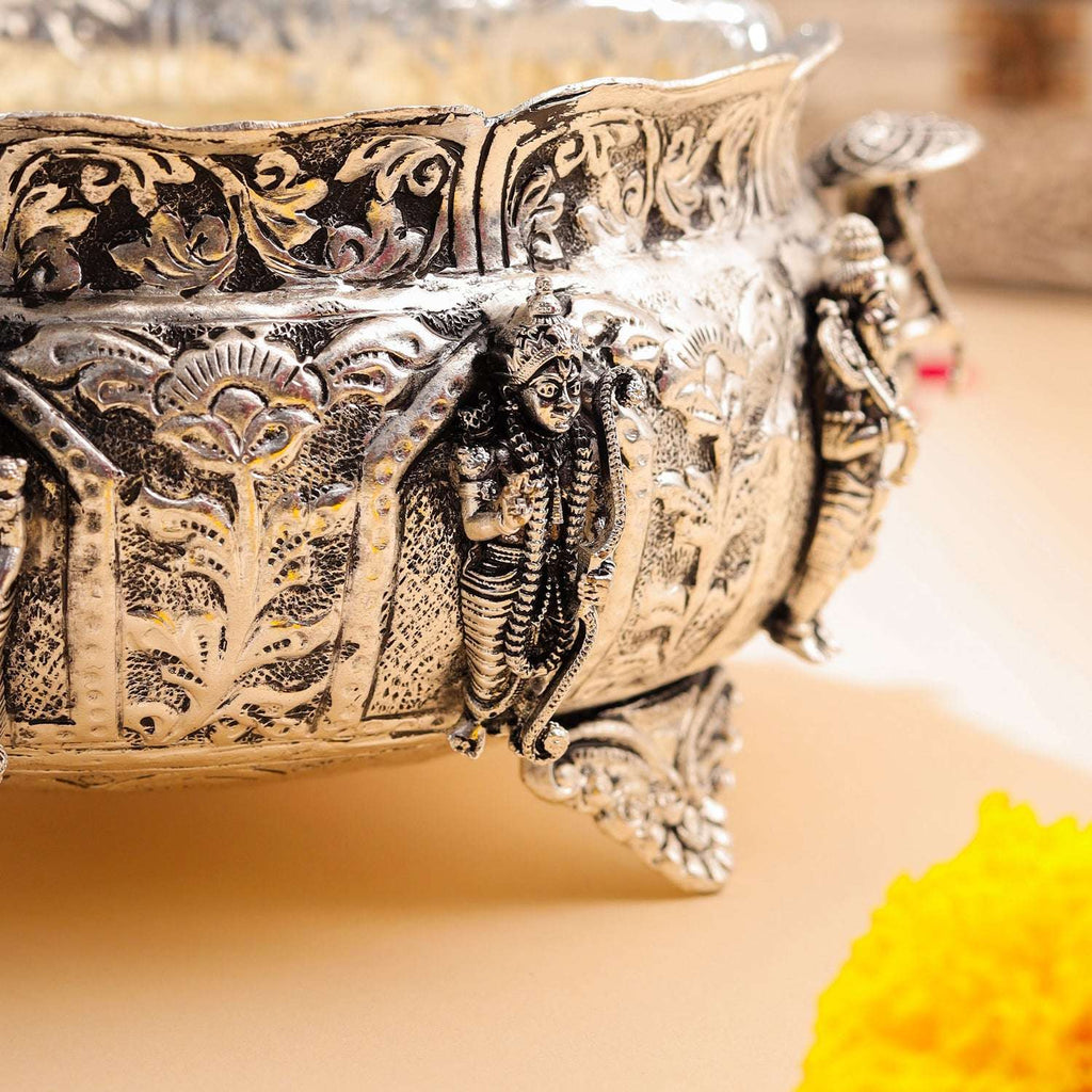 Brass Silver Plated Dashavatara Urli Bowl With Floral Design (4 Inch) Vedansh Craft
