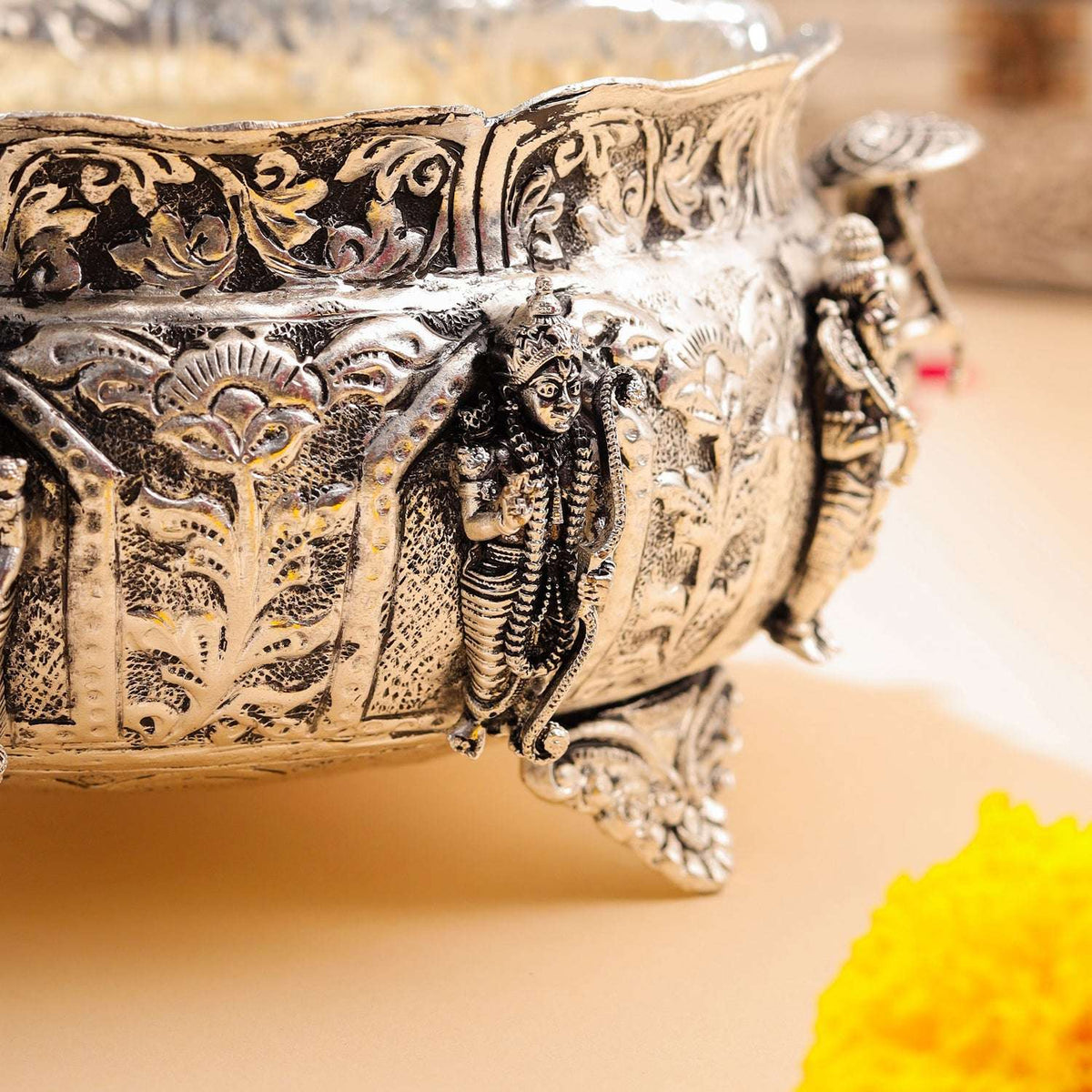 Brass Silver Plated Dashavatara Urli Bowl With Floral Design (4 Inch) Vedansh Craft