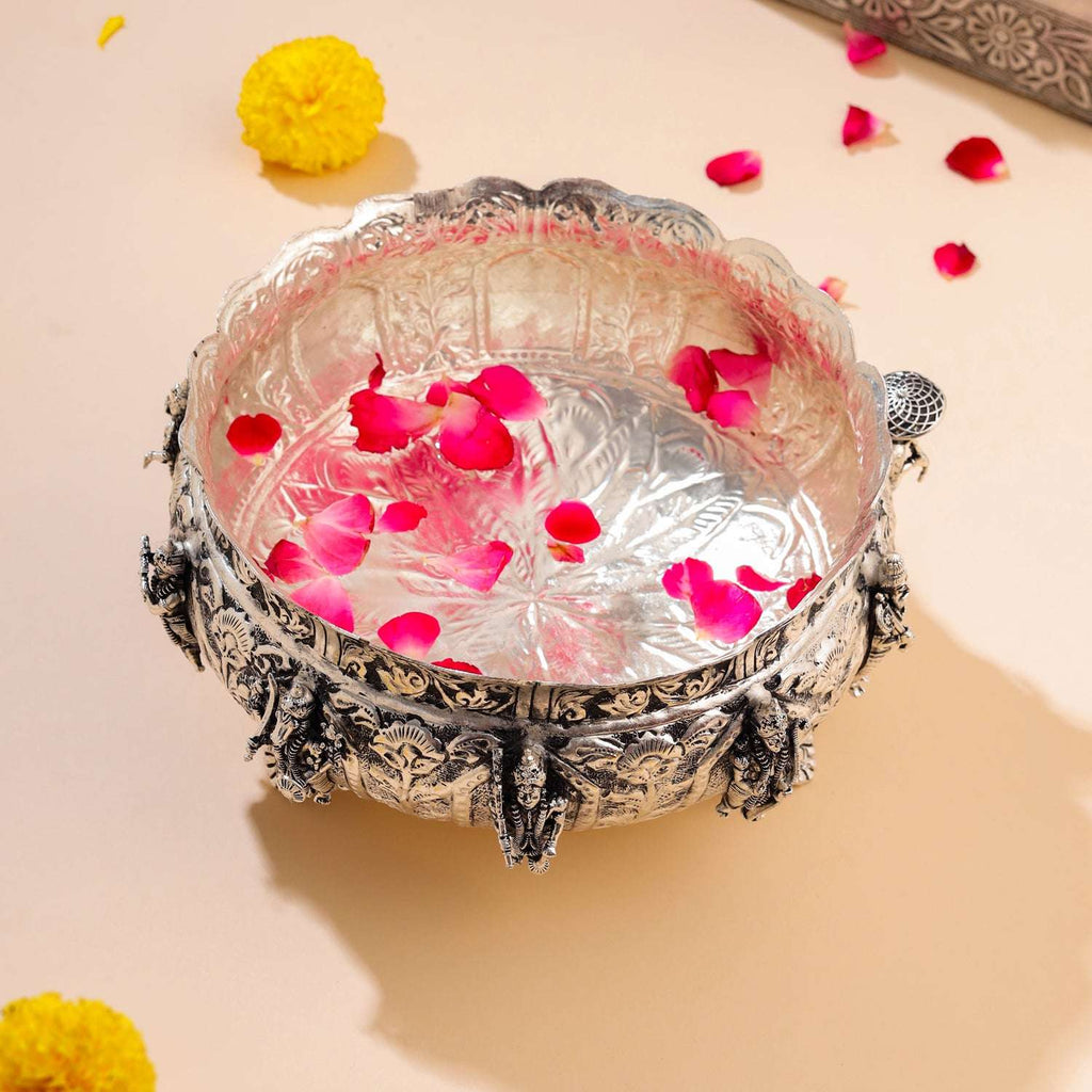 Brass Silver Plated Dashavatara Urli Bowl With Floral Design (4 Inch) Vedansh Craft