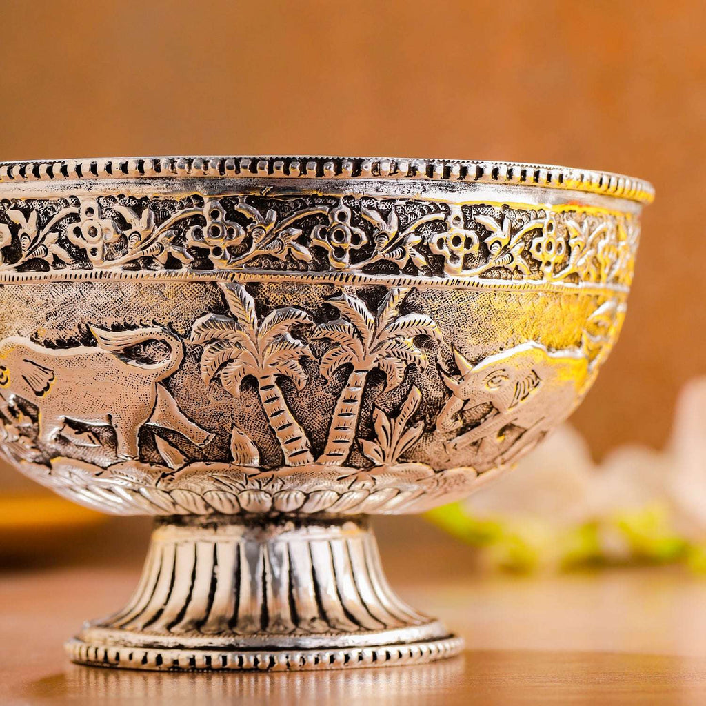 Brass Silver Plated Decorative Basket with Elephant Design (4.8 Inch) Vedansh Craft