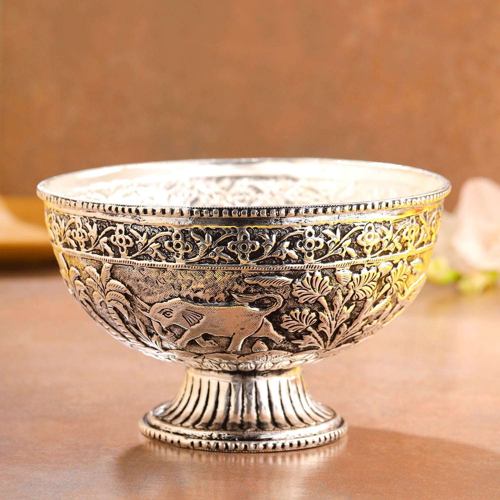Brass Silver Plated Decorative Basket with Elephant Design (4.8 Inch) Vedansh Craft