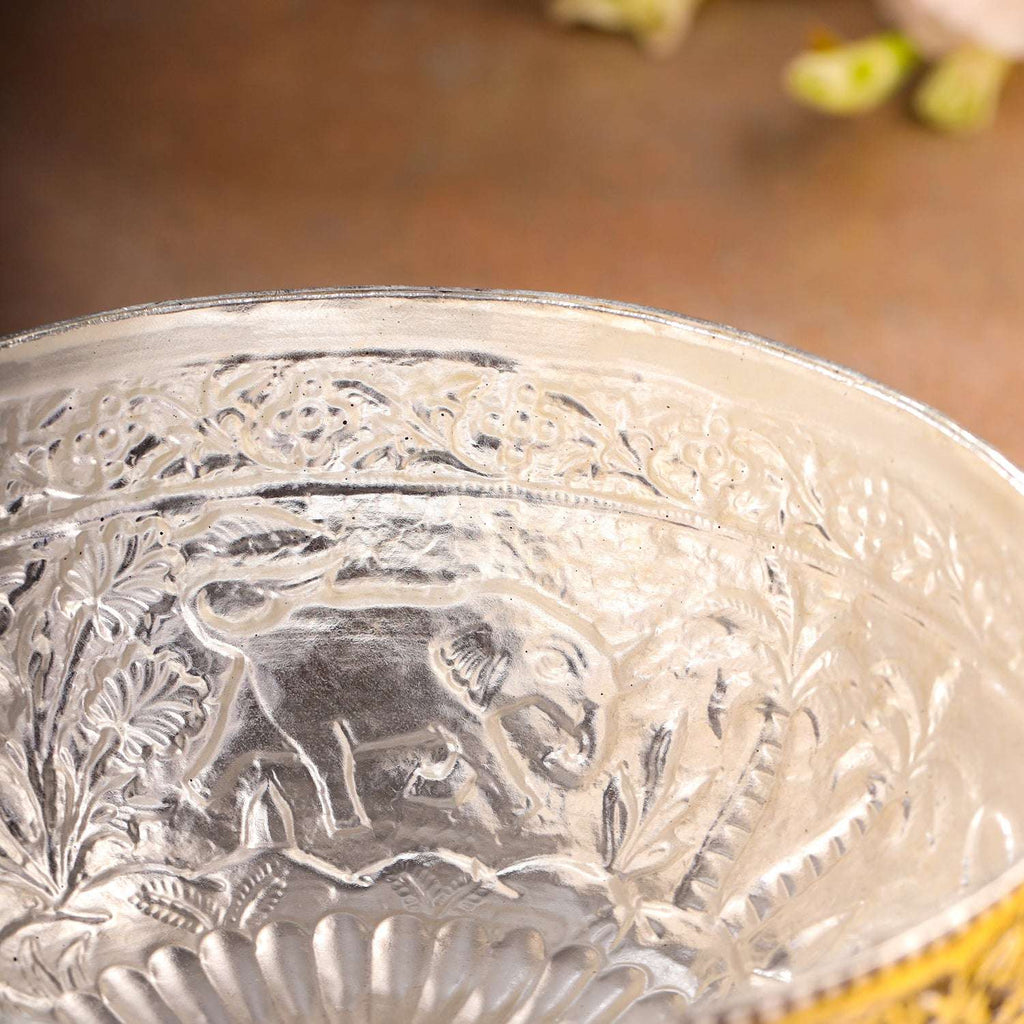 Brass Silver Plated Decorative Basket with Elephant Design (4.8 Inch) Vedansh Craft