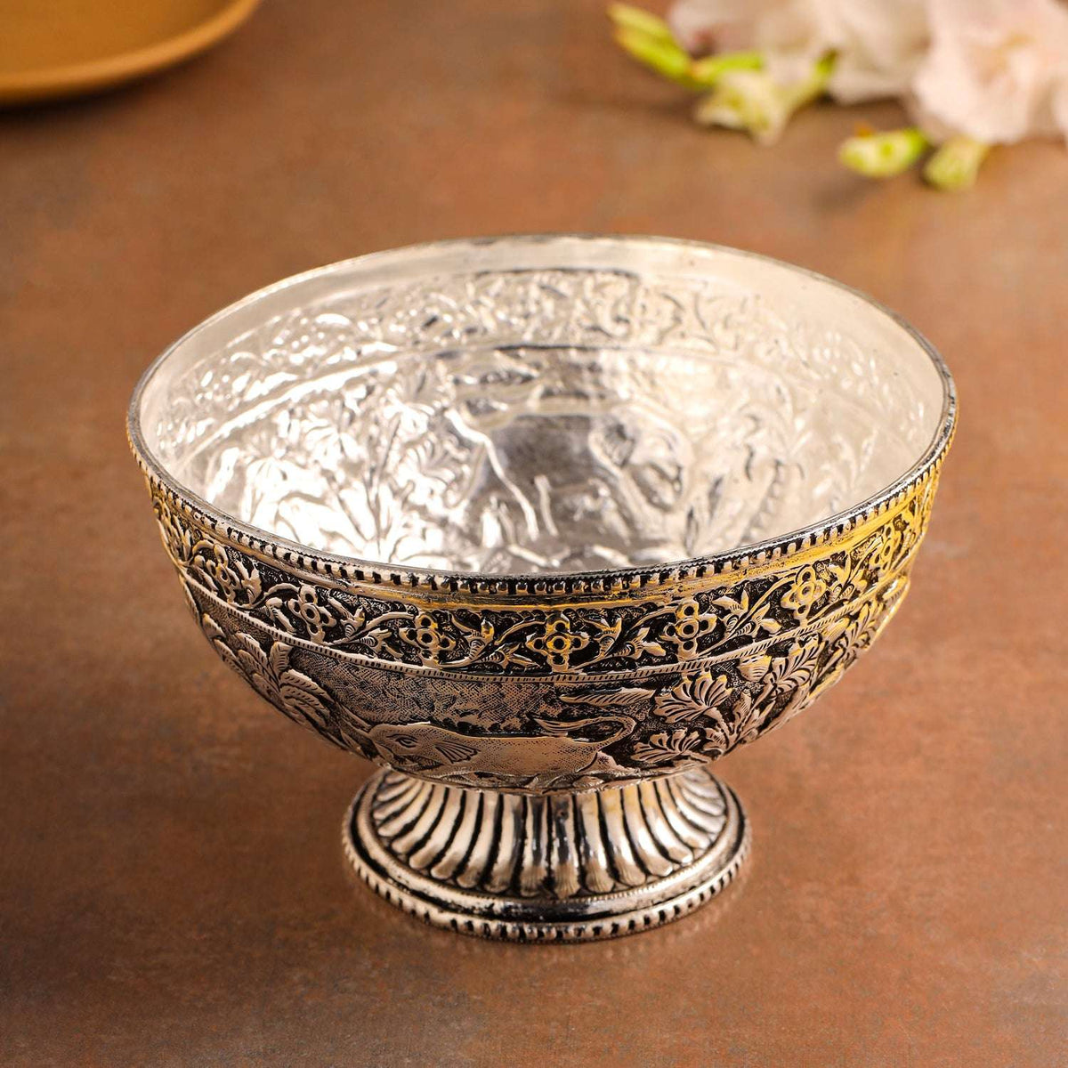 Brass Silver Plated Decorative Basket with Elephant Design (4.8 Inch) Vedansh Craft