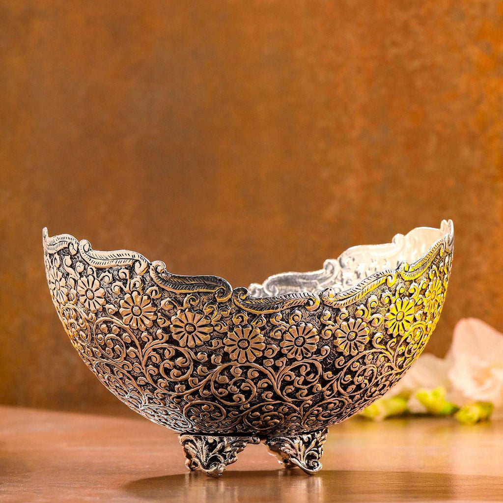 Brass Silver Plated Decorative Basket with Floral Design (5.3 Inch) Vedansh Craft