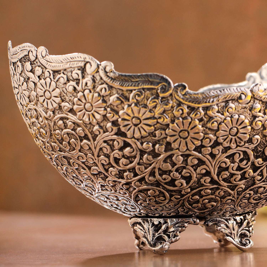 Brass Silver Plated Decorative Basket with Floral Design (5.3 Inch) Vedansh Craft