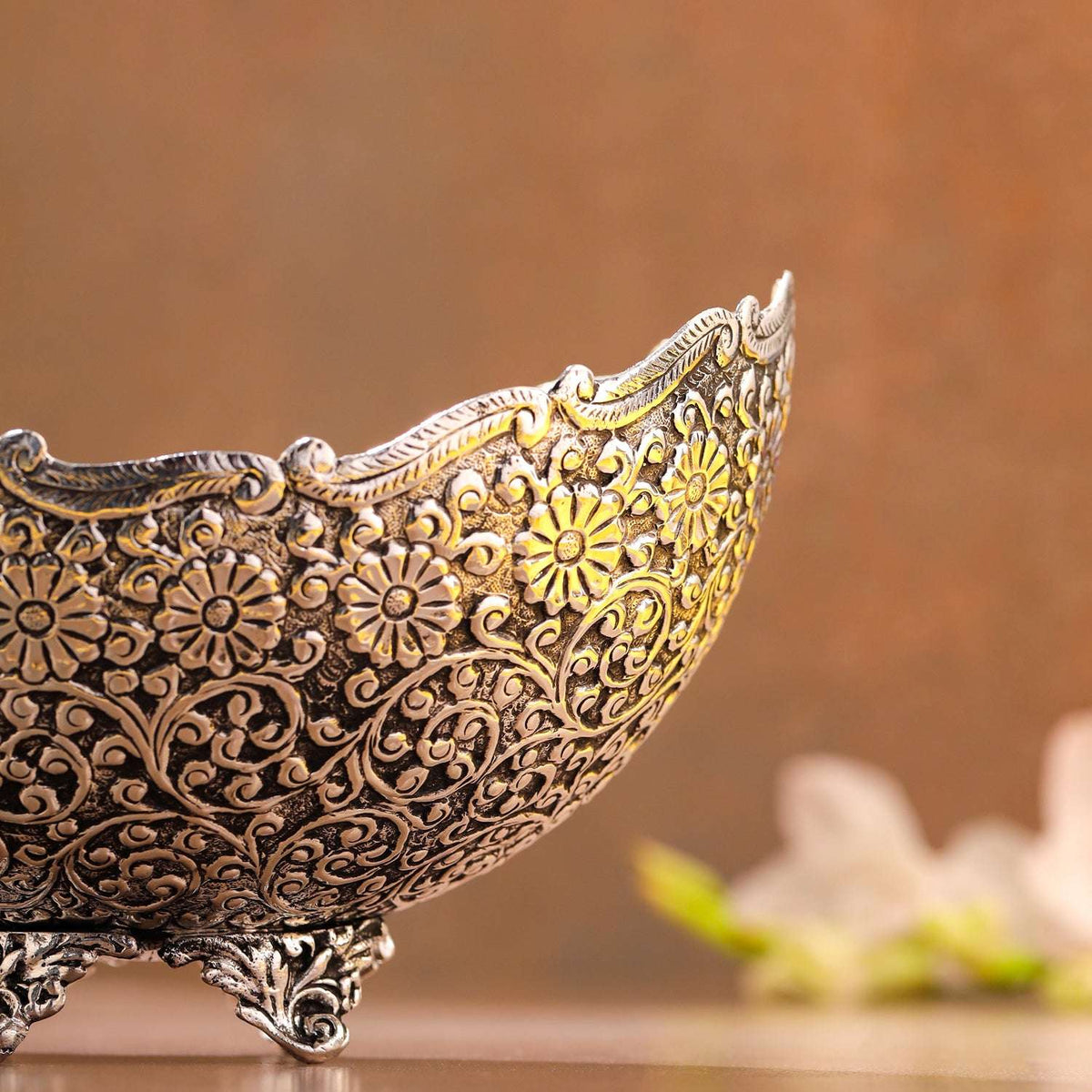 Brass Silver Plated Decorative Basket with Floral Design (5.3 Inch) Vedansh Craft