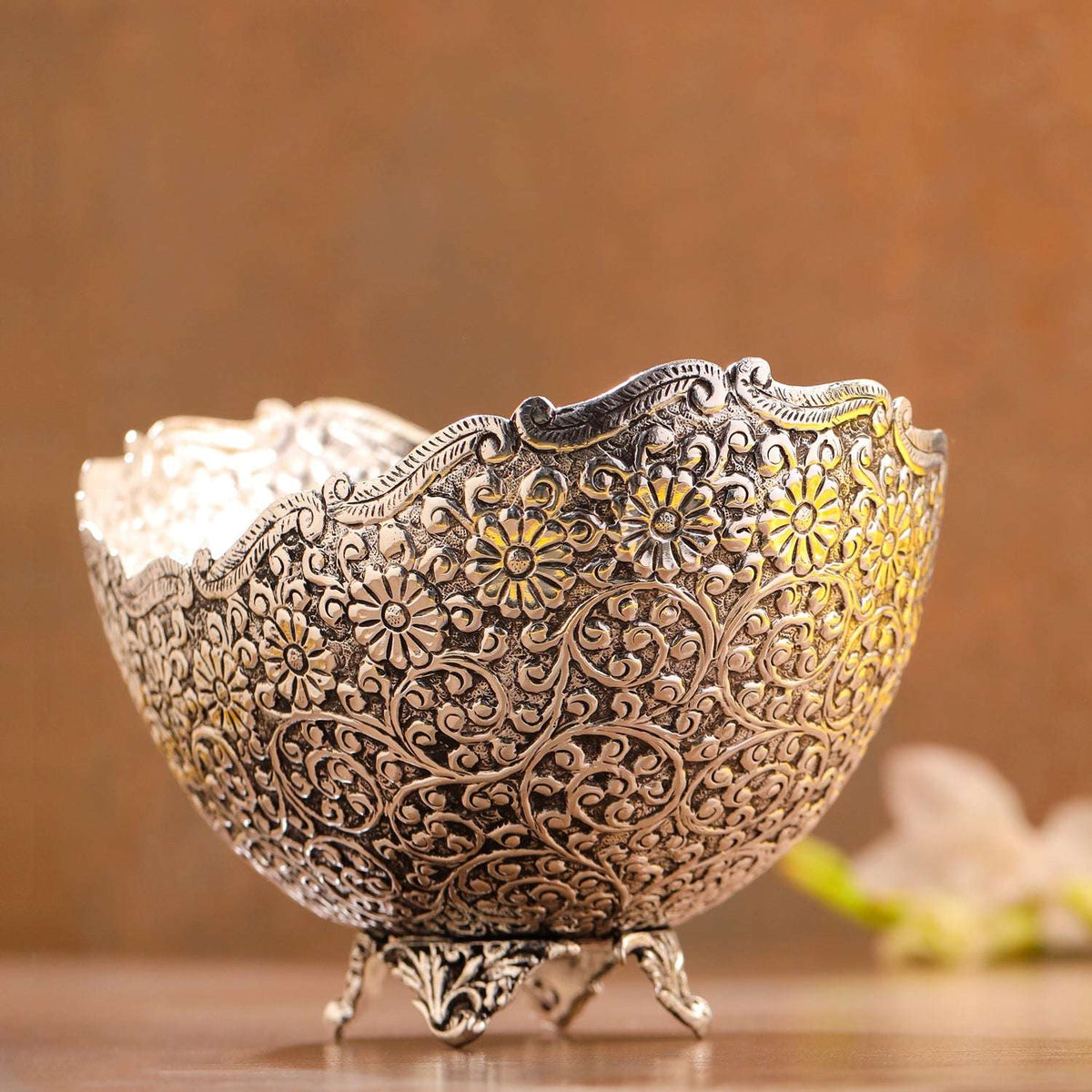 Brass Silver Plated Decorative Basket with Floral Design (5.3 Inch) Vedansh Craft