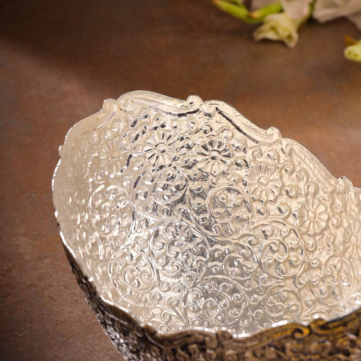 Brass Silver Plated Decorative Basket with Floral Design (5.3 Inch) Vedansh Craft