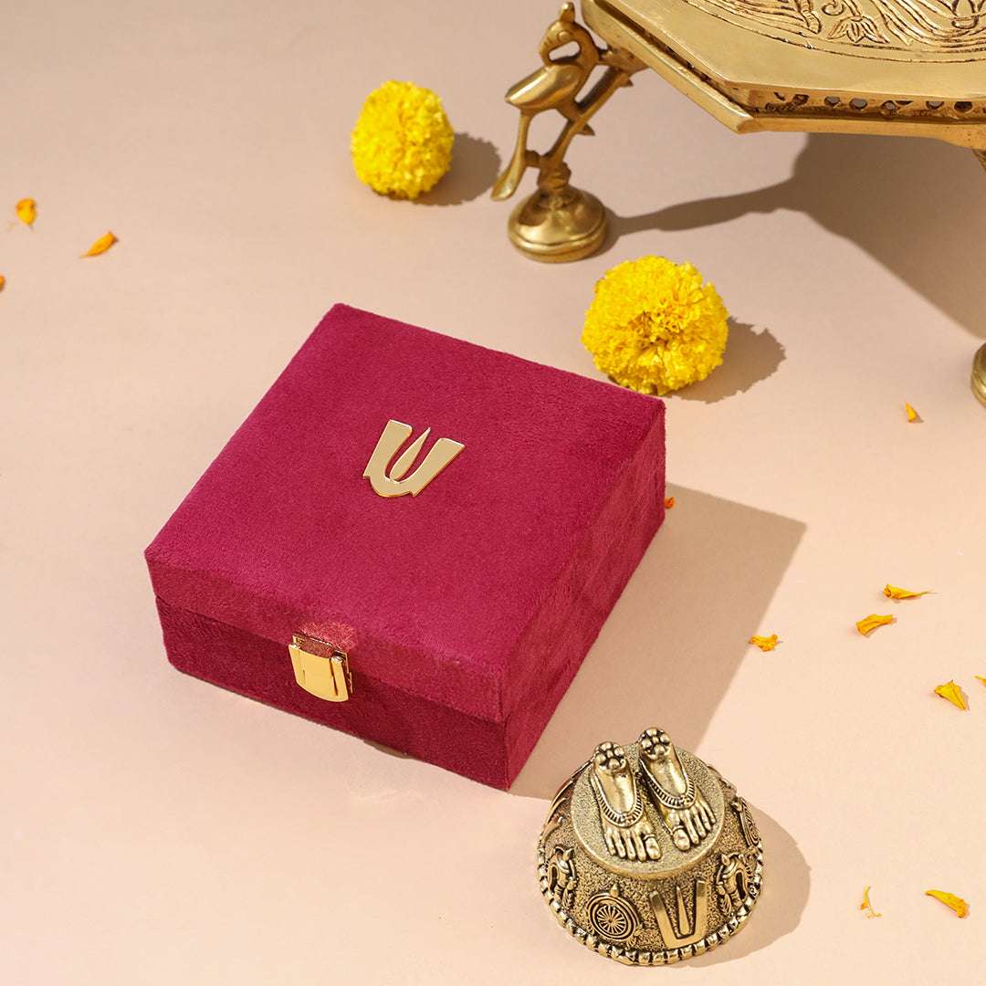 Brass Charan Paduka with Velvet Box – Divine Footprints of Lord Vishnu Vedansh Craft