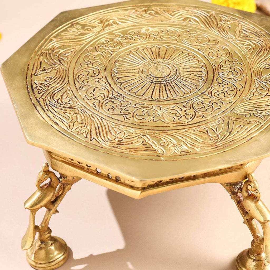 Brass Superfine Chowki With Peacock Pillars (5.5 INCH) Vedansh Craft