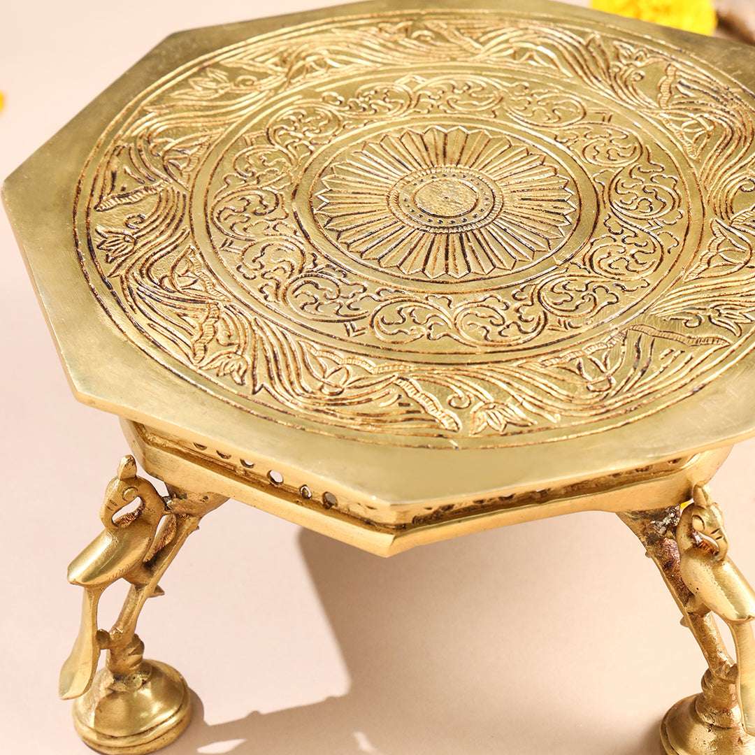 Brass Superfine Chowki With Peacock Pillars (5.5 INCH) Vedansh Craft