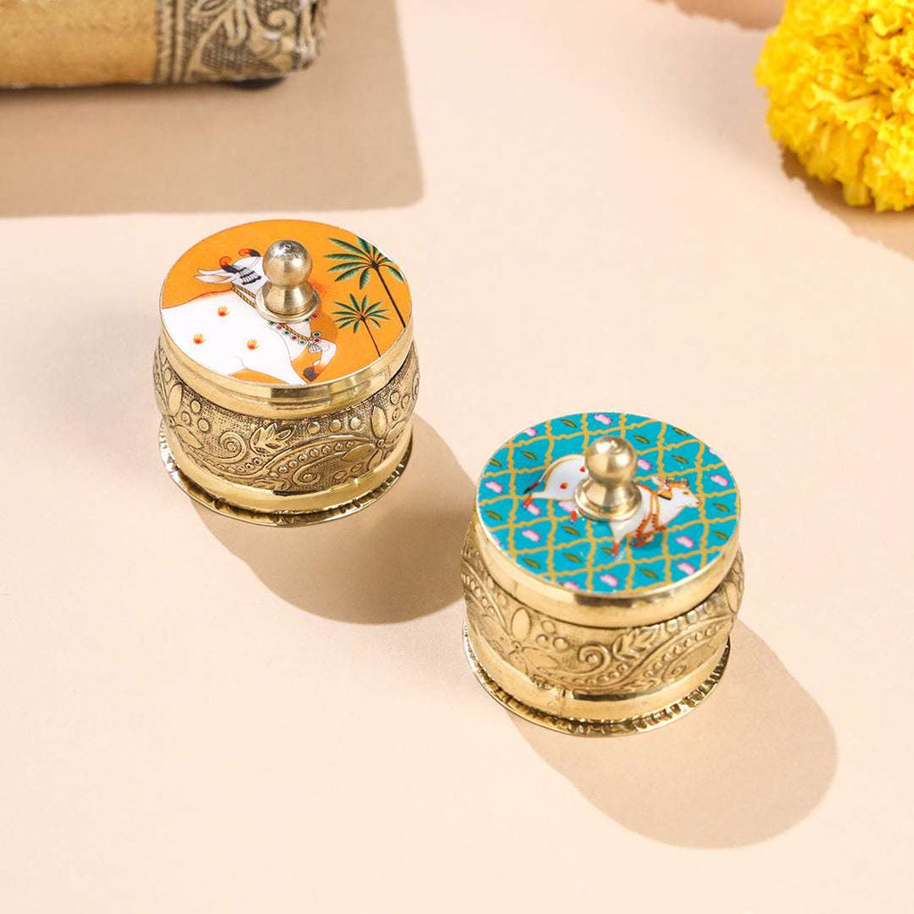 Brass Pichwai Sindoor Box Pack of Three (1.8 INCH) Vedansh Craft