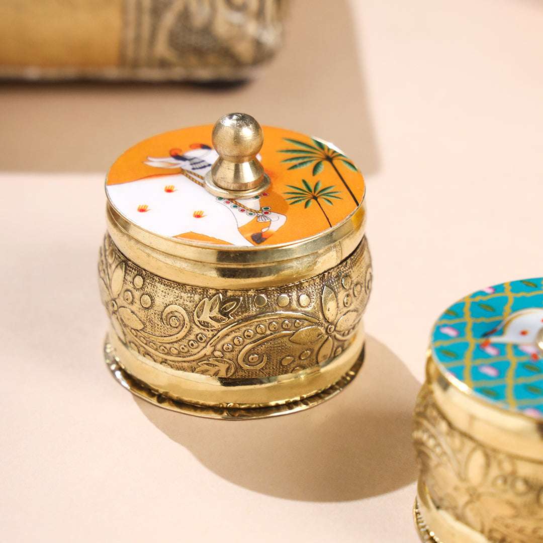 Brass Pichwai Sindoor Box Pack of Three (1.8 INCH) Vedansh Craft