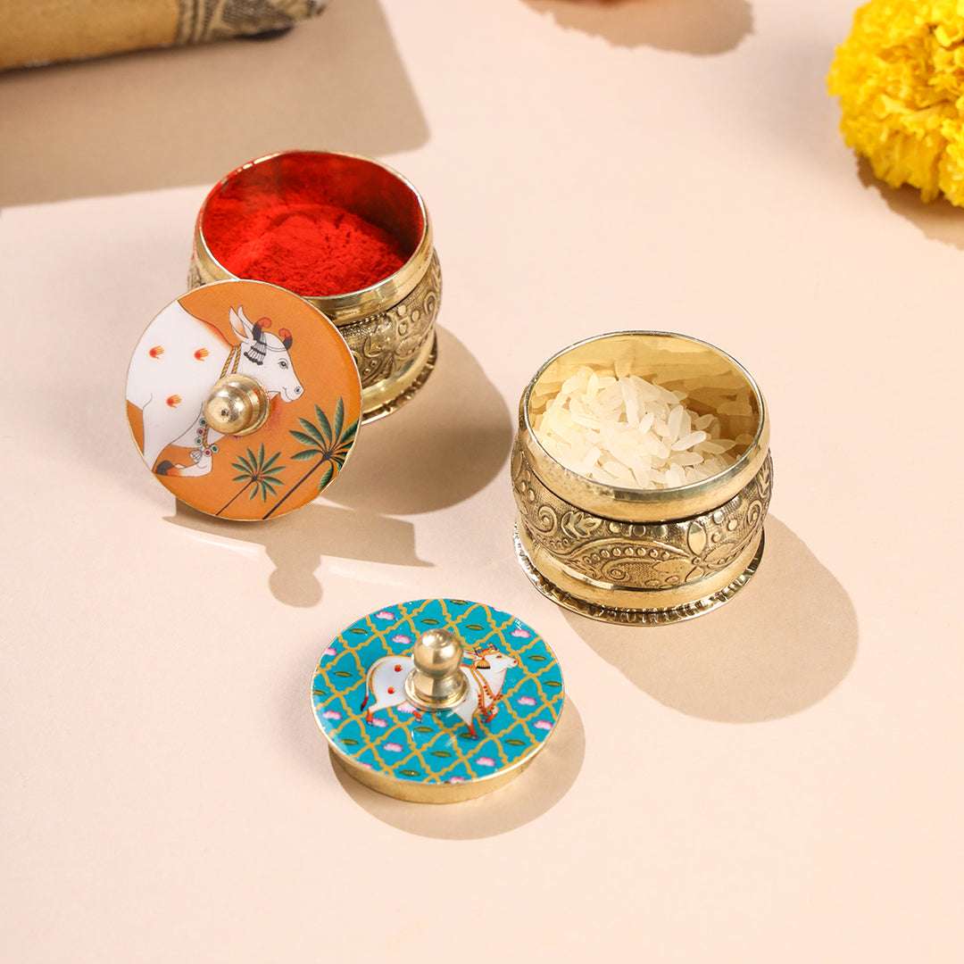 Brass Pichwai Sindoor Box Pack of Three (1.8 INCH) Vedansh Craft