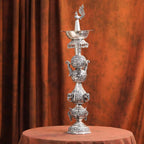 Brass Silver Plated Peacock Design Samai Oil Lamp (23.8 Inch) Vedansh Craft