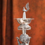 Brass Silver Plated Peacock Design Samai Oil Lamp (23.8 Inch) Vedansh Craft