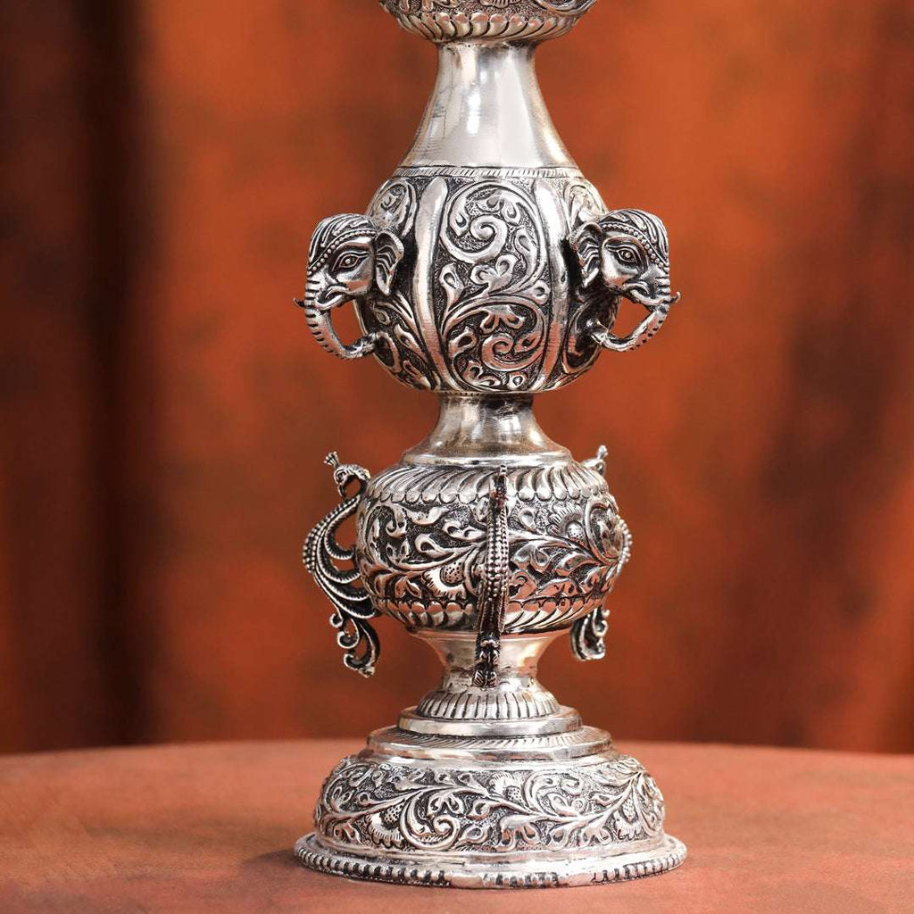Brass Silver Plated Peacock Design Samai Oil Lamp (23.8 Inch) Vedansh Craft