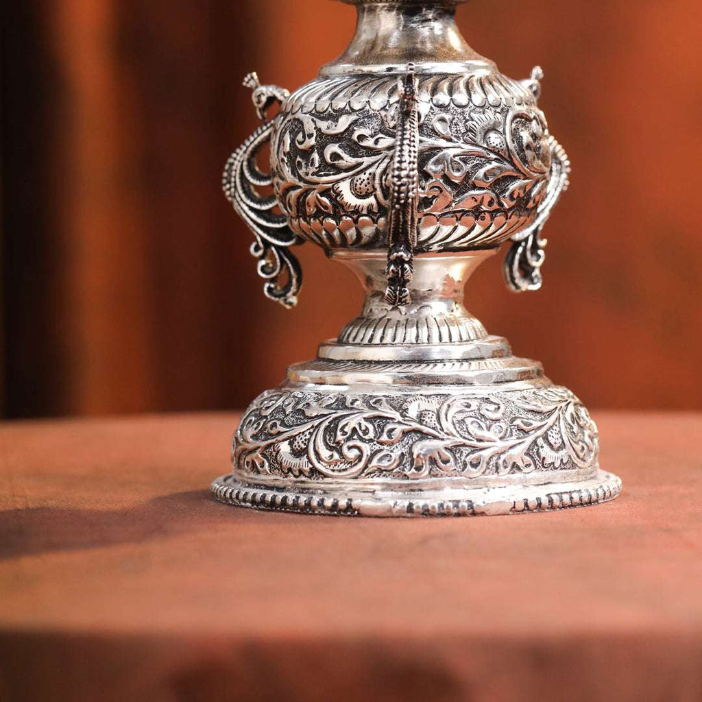 Brass Silver Plated Peacock Design Samai Oil Lamp (23.8 Inch) Vedansh Craft