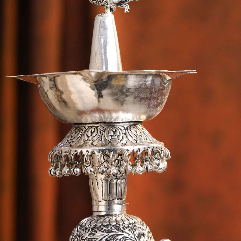 Brass Silver Plated Peacock Design Samai Oil Lamp (23.8 Inch) Vedansh Craft