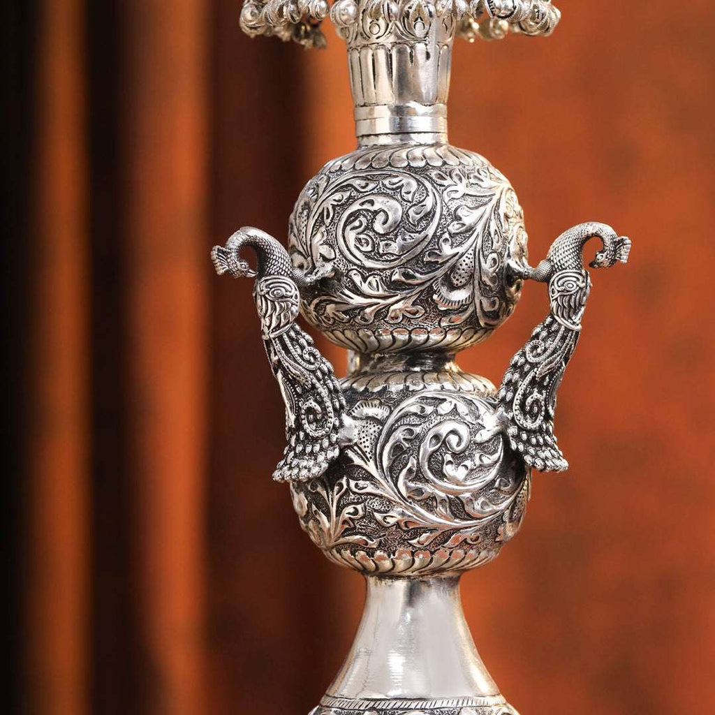 Brass Silver Plated Peacock Design Samai Oil Lamp (23.8 Inch) Vedansh Craft
