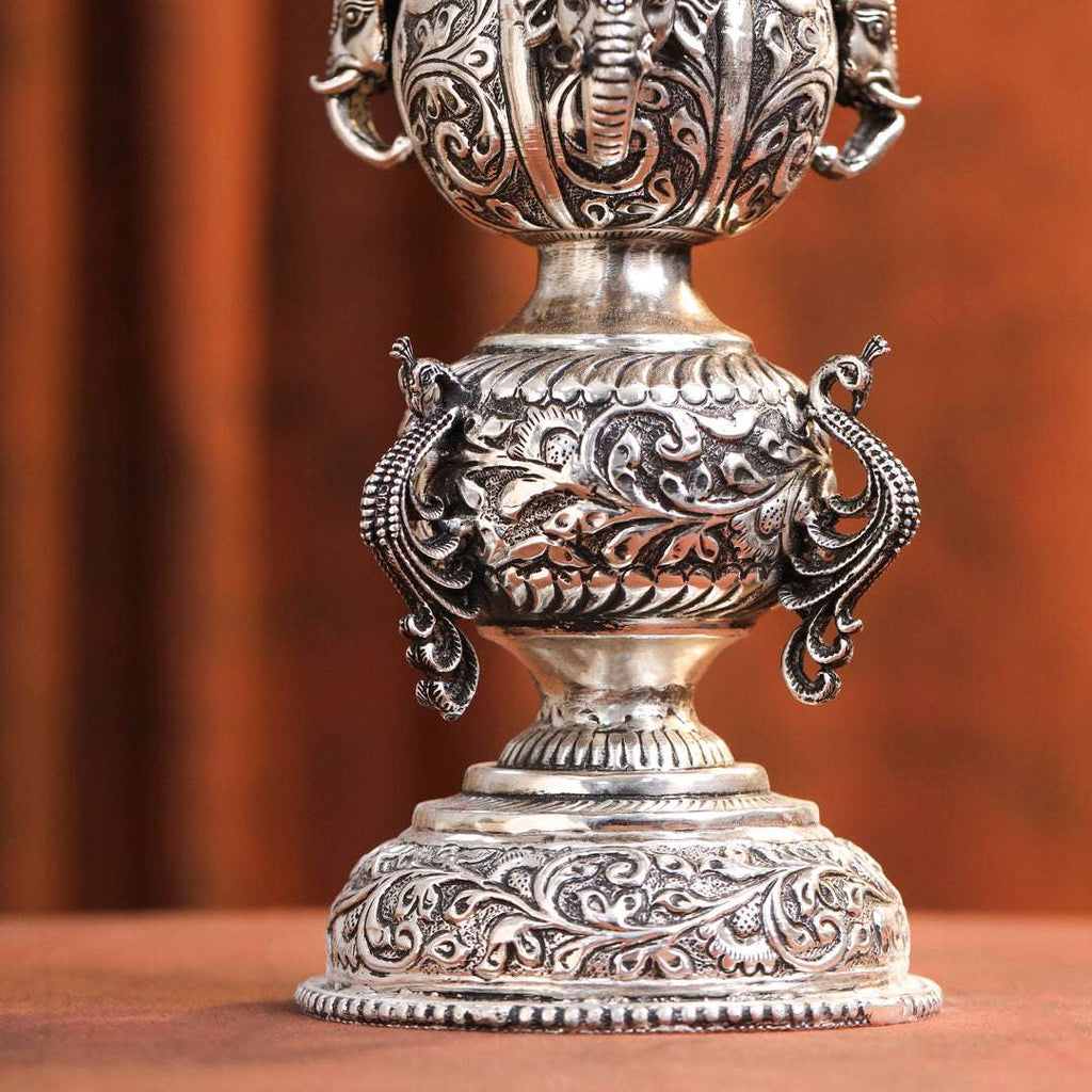 Brass Silver Plated Peacock Design Samai Oil Lamp (23.8 Inch) Vedansh Craft